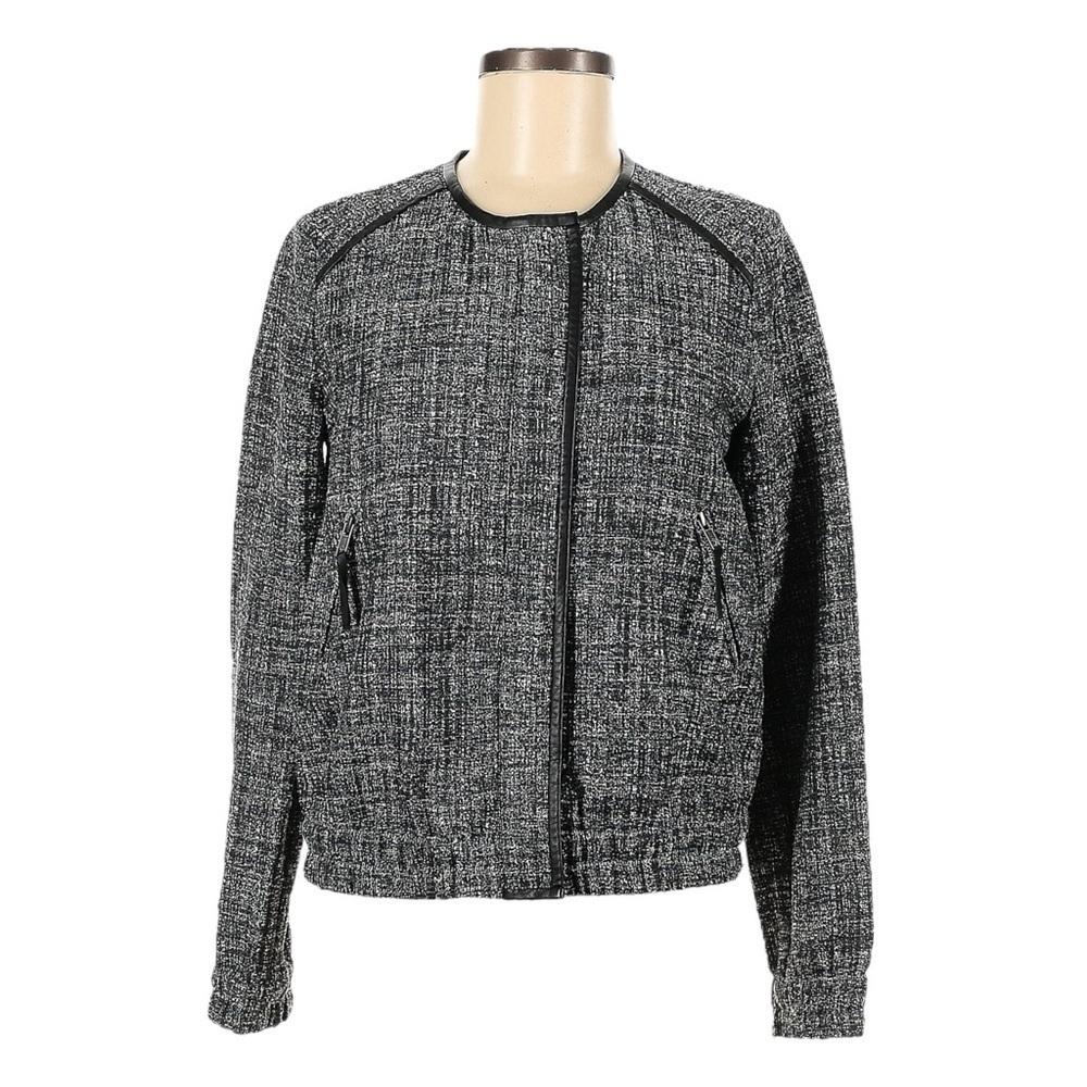 Joie Tweed Bomber Jacket M Black White Navy Trim Zip Pocket Vegan Leather Accent